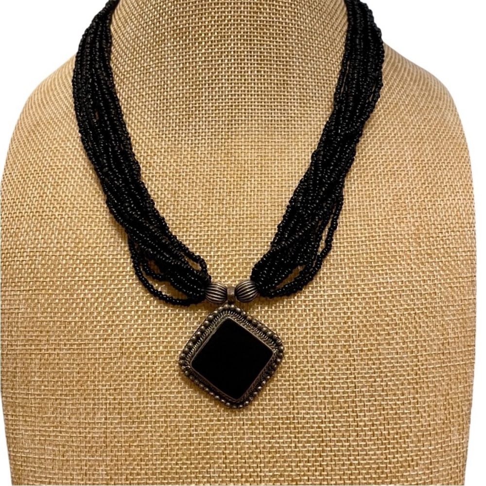 Vintage Tribal Bead Necklace with Silver & Onyx Pendant - Picture 2 of 8